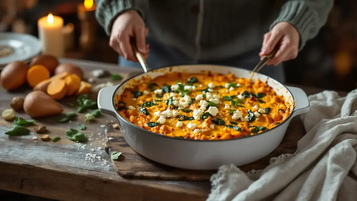 Gratin van zoete aardappel en spinazie met feta: een troostrijk gerecht dat onze winterse diners opvrolijkt zonder dat we er echt bij stilstaan