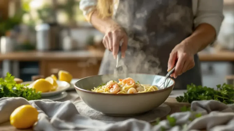 Linguine met prei in romige saus en smakelijke garnalen om te ontdekken