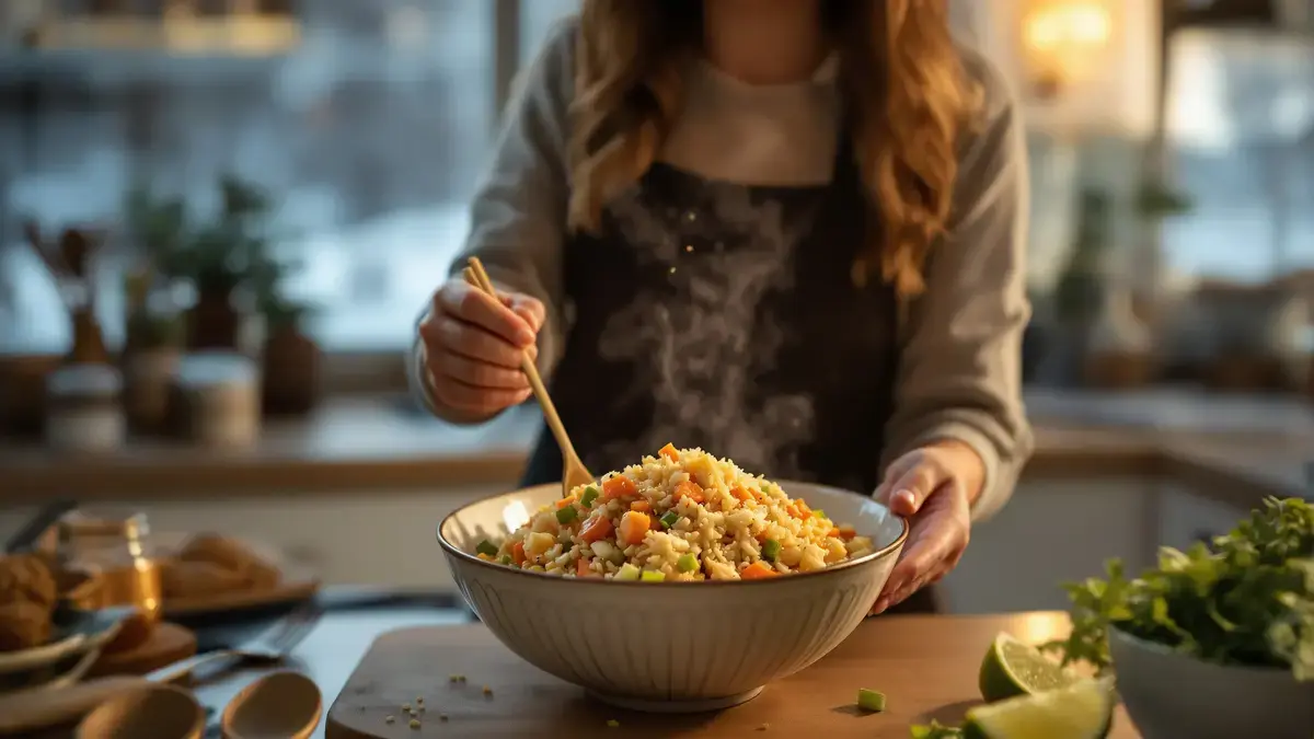 Dit recept voor gebakken rijst met wortel en prei in sojasaus zorgt in een mum van tijd voor een gezonde avondmaaltijd